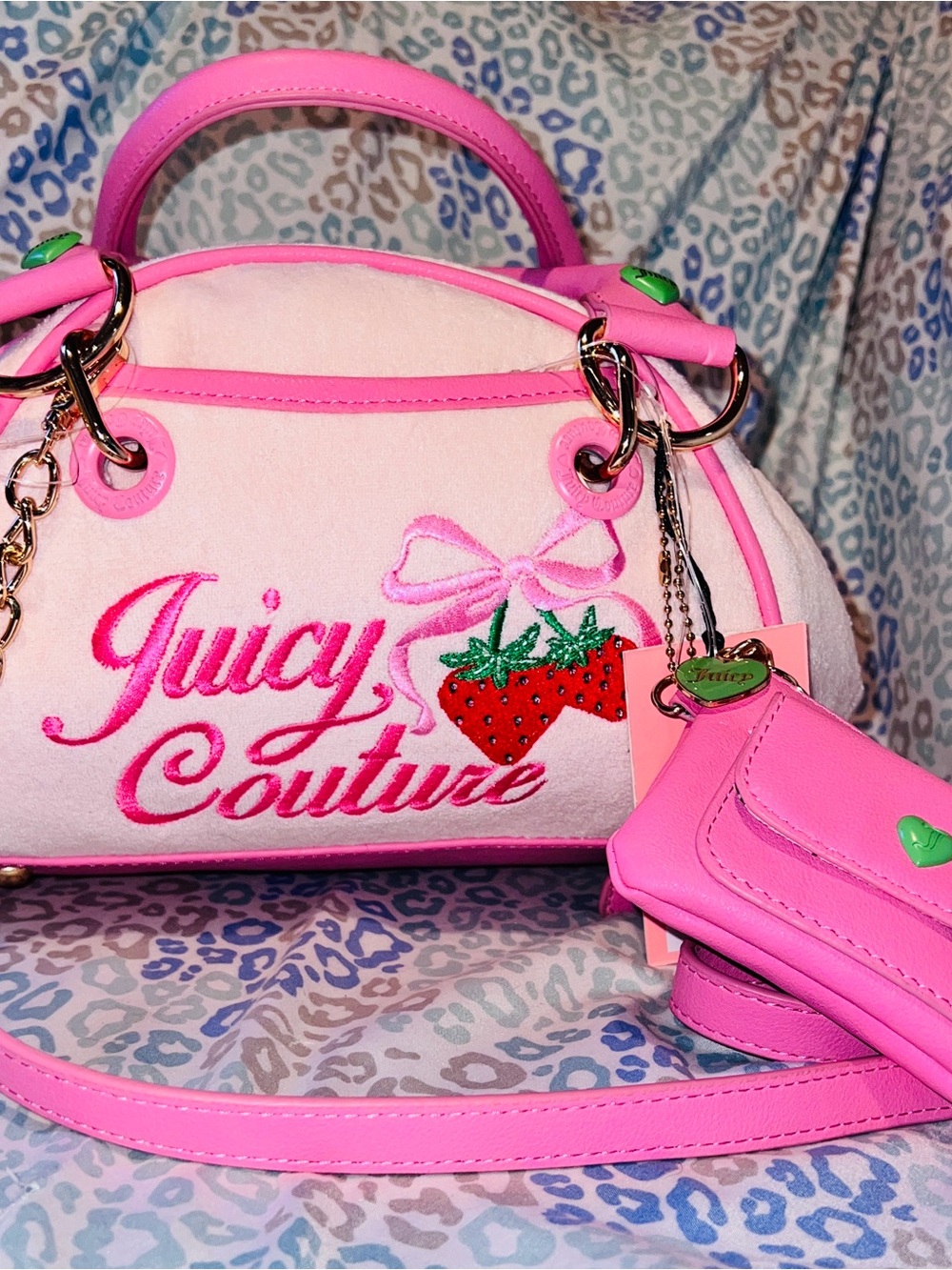 New Pink Juicy Couture Purse Bowler Bag Handbag Satchel Strawberry Terry Cloth